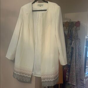 Tahari Ivory Longline Open Blazer with Embroidered Hem